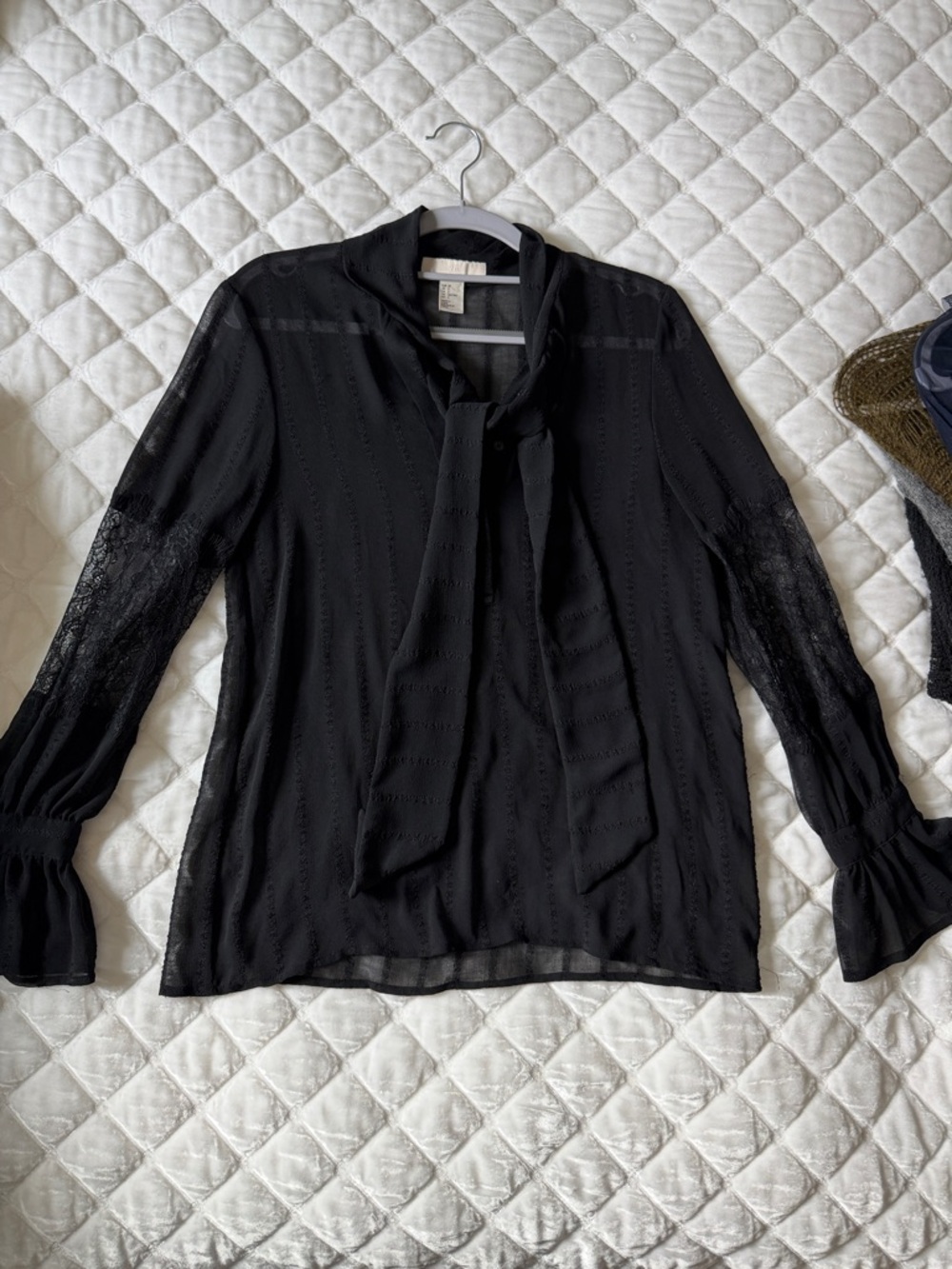 H&M Black Tie-Neck Lace-Sleeve Blouse